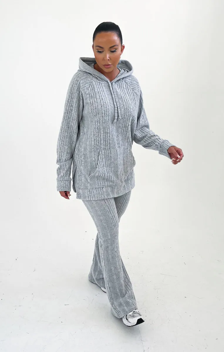 Grey Ribbed Knitted Front Pocket Pullover Hoodie Flared Leg Loungewear Set - Ivy sold by Femme Luxe product image thumbnail 3