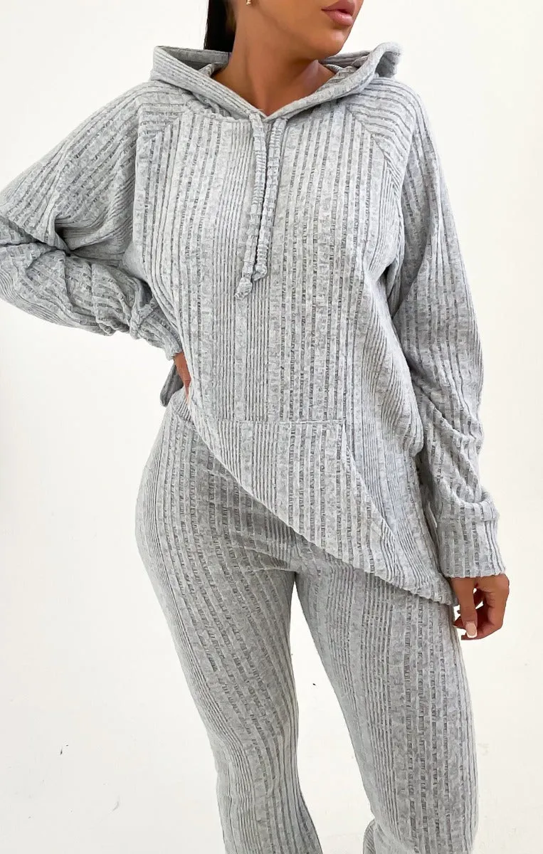 Grey Ribbed Knitted Front Pocket Pullover Hoodie Flared Leg Loungewear Set - Ivy sold by Femme Luxe product image thumbnail 4