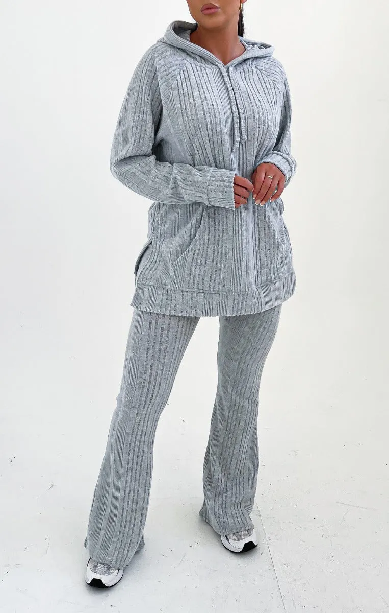 Grey Ribbed Knitted Front Pocket Pullover Hoodie Flared Leg Loungewear Set - Ivy sold by Femme Luxe product image thumbnail 2