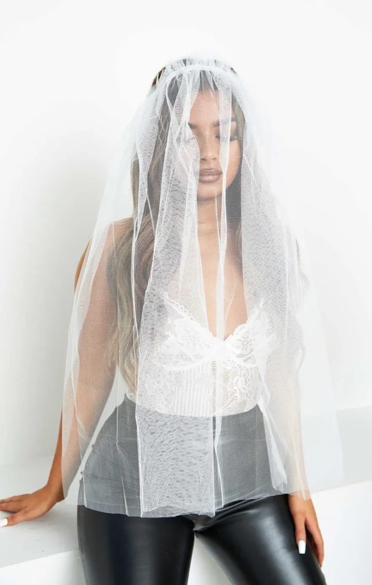 White Mesh Zombie Bride Veil Headband - Joanna sold by Femme Luxe