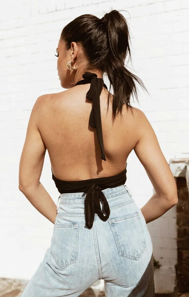 Black Plunge Halter Neck Tie Detail Crop Top - Esme sold by Femme Luxe product image thumbnail 4