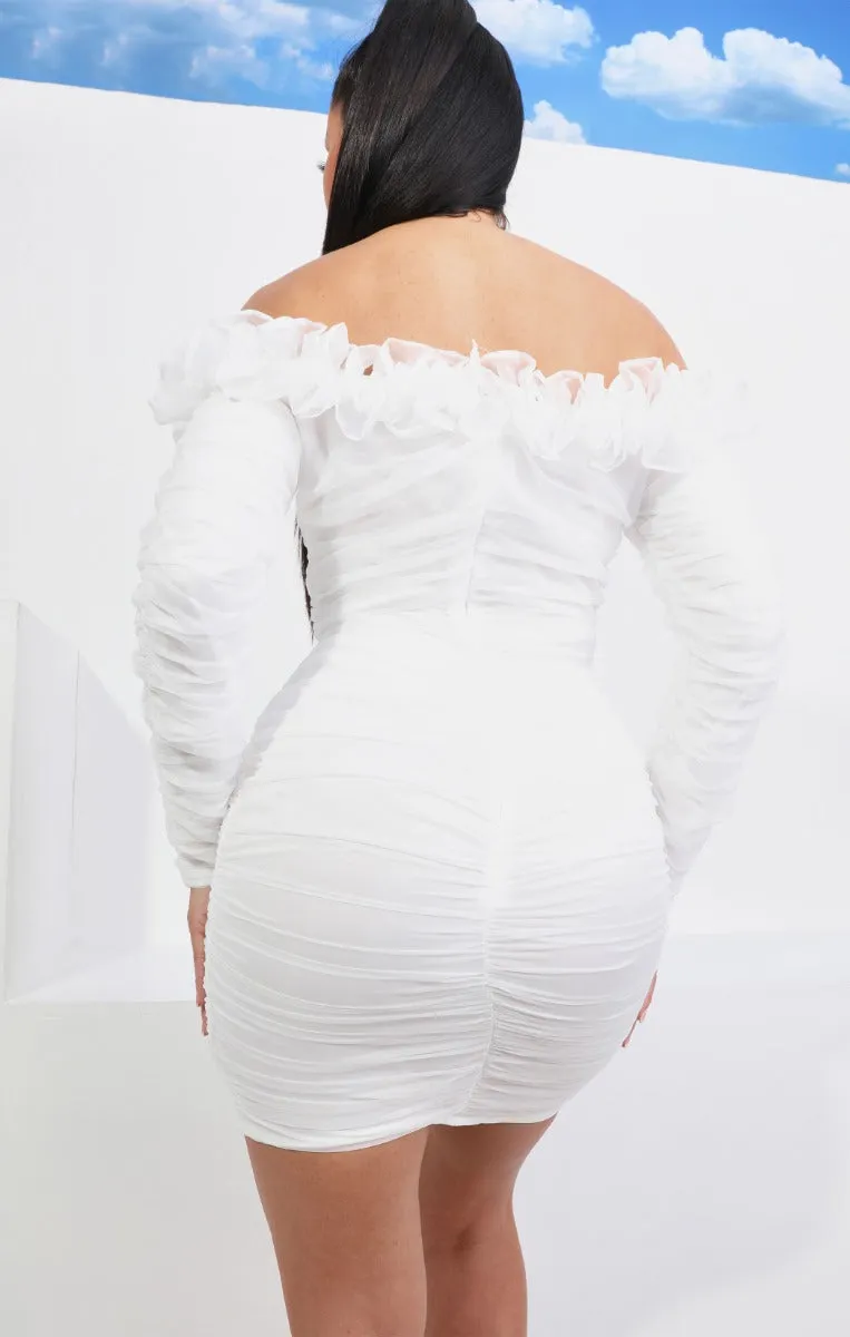 White Mesh Bardot Long Sleeve Ruffle Detail Bodycon Mini Dress - Estella sold by Femme Luxe product image thumbnail 3