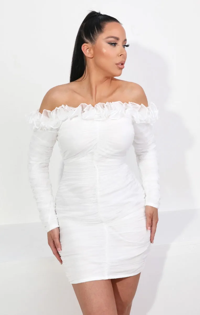 White Mesh Bardot Long Sleeve Ruffle Detail Bodycon Mini Dress - Estella sold by Femme Luxe