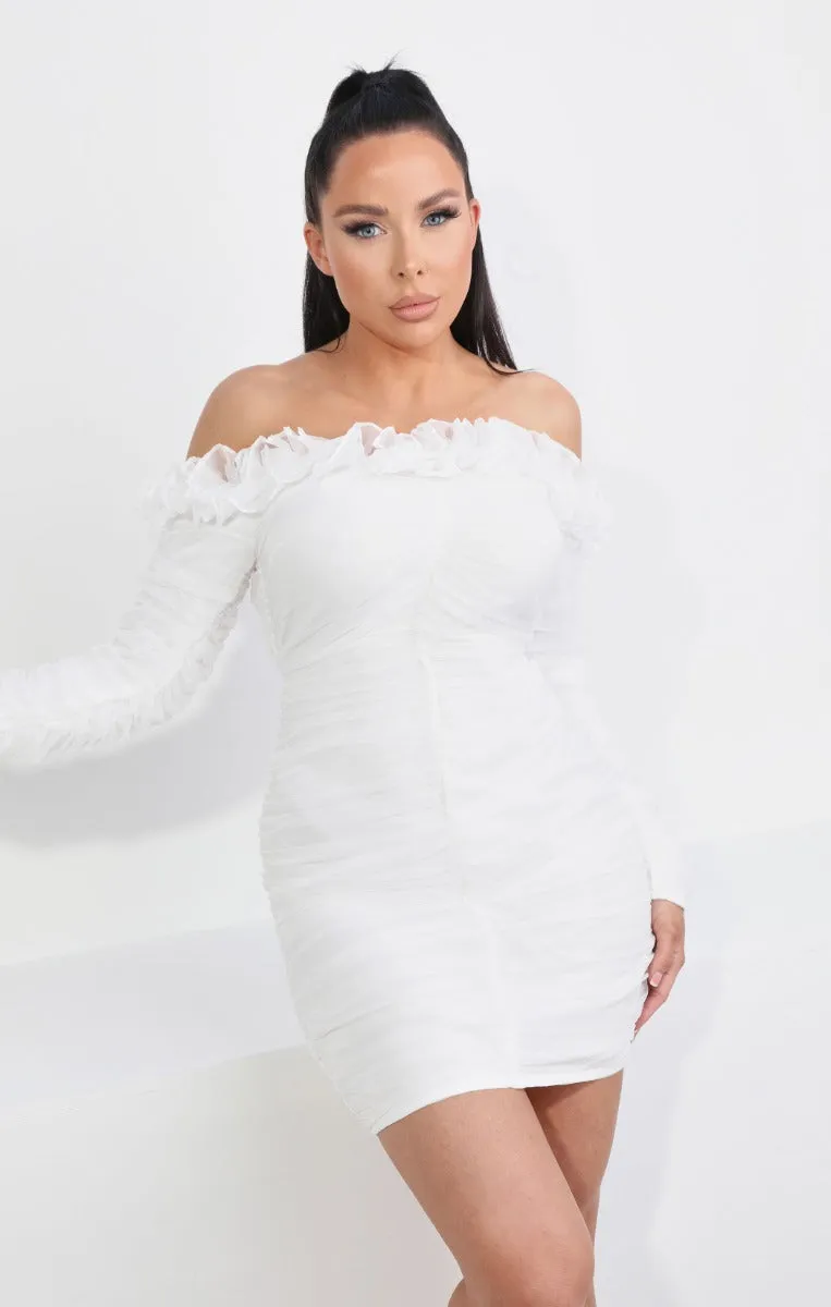 White Mesh Bardot Long Sleeve Ruffle Detail Bodycon Mini Dress - Estella sold by Femme Luxe product image thumbnail 5
