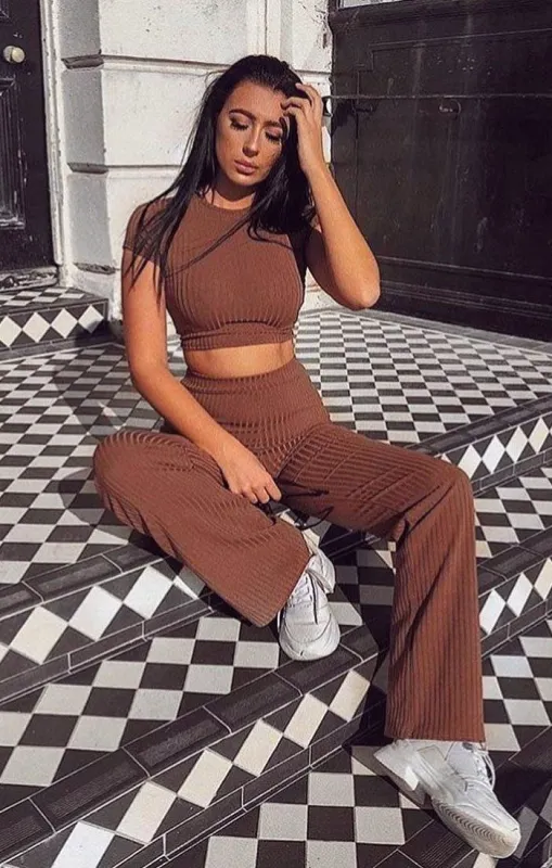 Brown Crop Ribbed Two Piece Co-ord Set - Suzi made by Femme Luxe