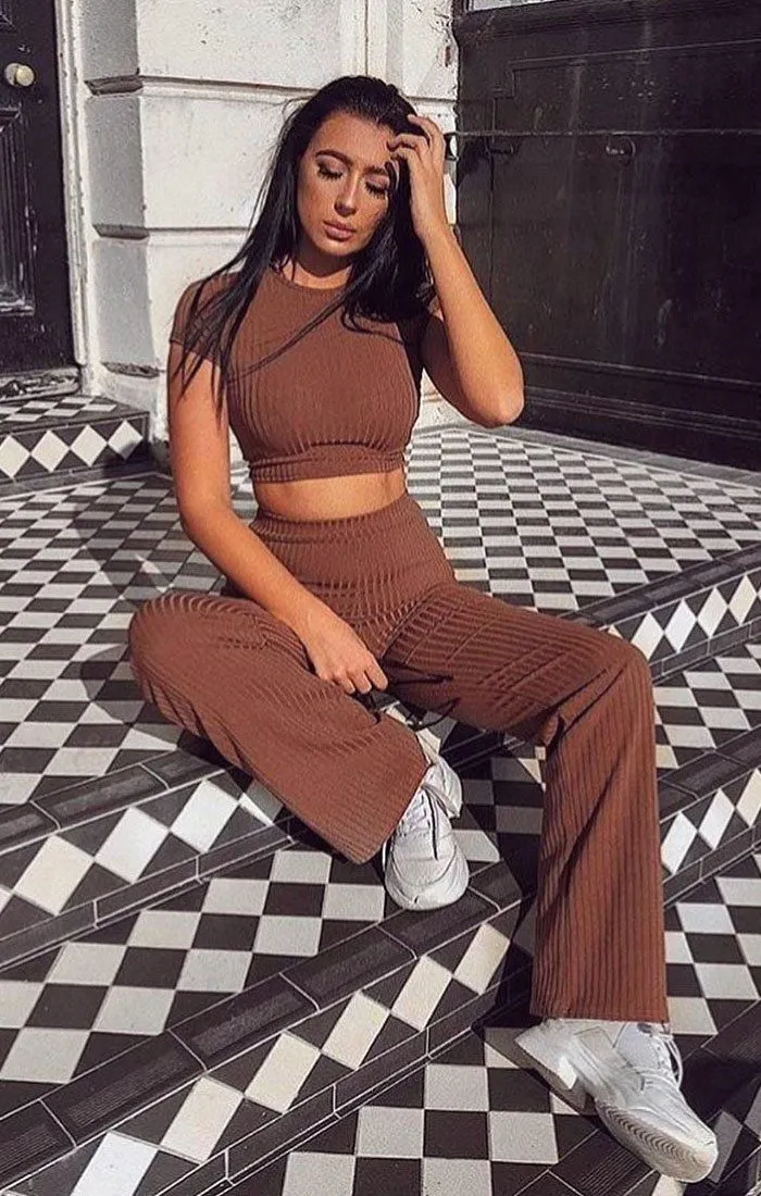 Brown Crop Ribbed Two Piece Co-ord Set - Suzi sold by Femme Luxe