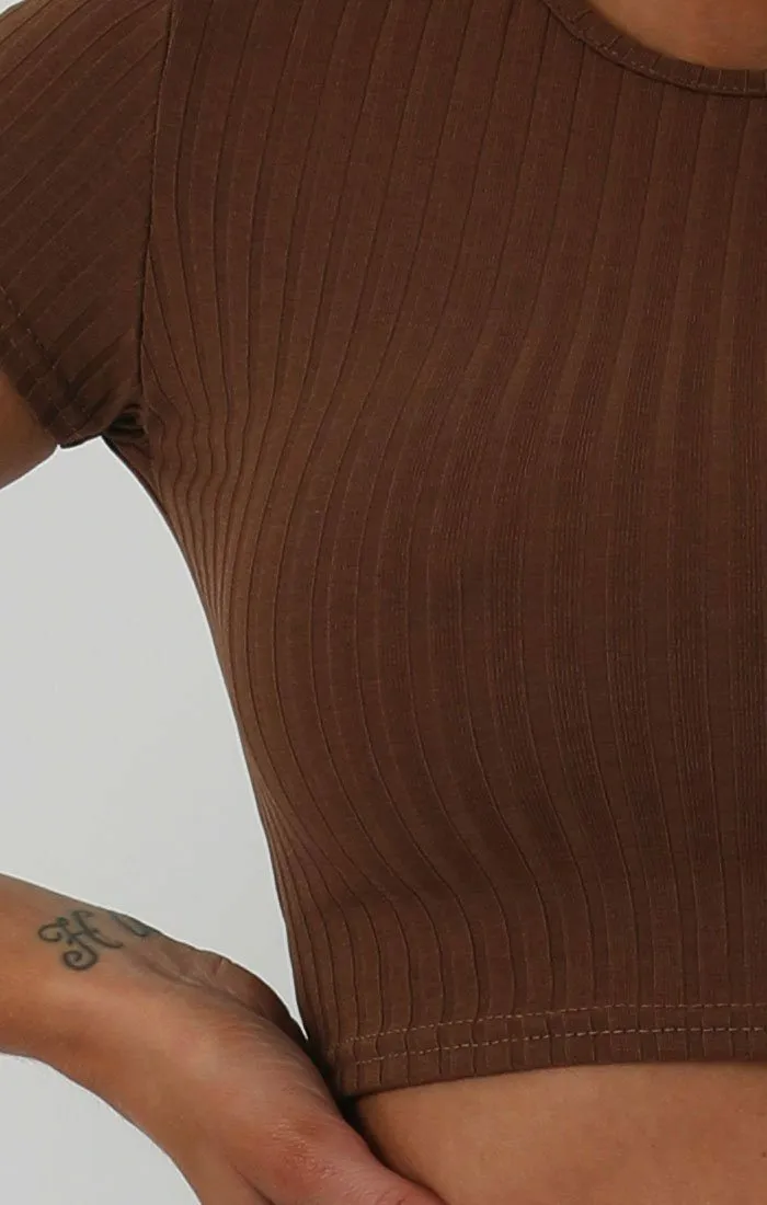 Brown Crop Ribbed Two Piece Co-ord Set - Suzi sold by Femme Luxe product image thumbnail 4