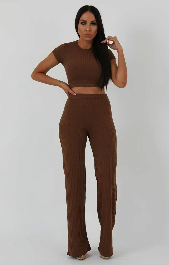 Brown Crop Ribbed Two Piece Co-ord Set - Suzi sold by Femme Luxe product image thumbnail 3