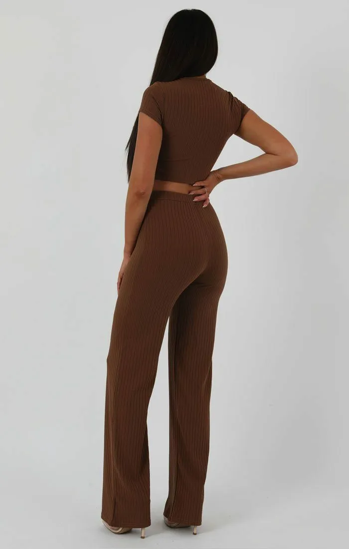 Brown Crop Ribbed Two Piece Co-ord Set - Suzi sold by Femme Luxe product image thumbnail 5