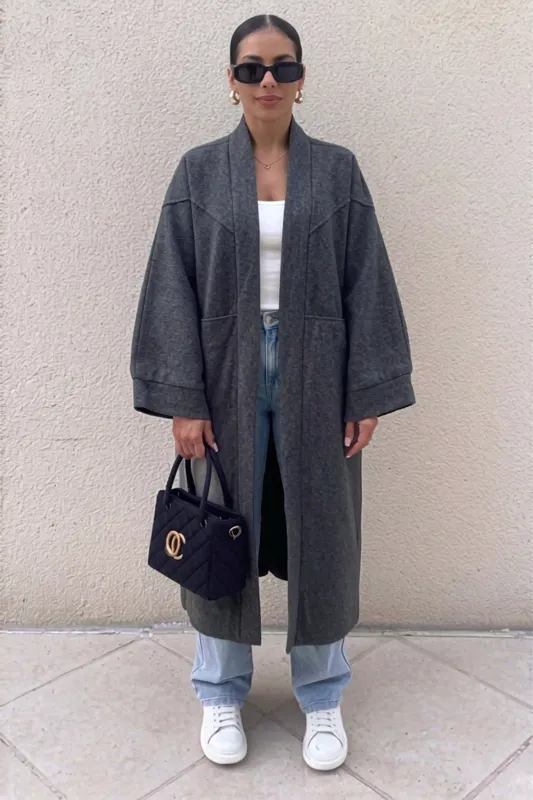 Charcoal Oversized Longline Open Front Coat-Fyona made by Femme Luxe