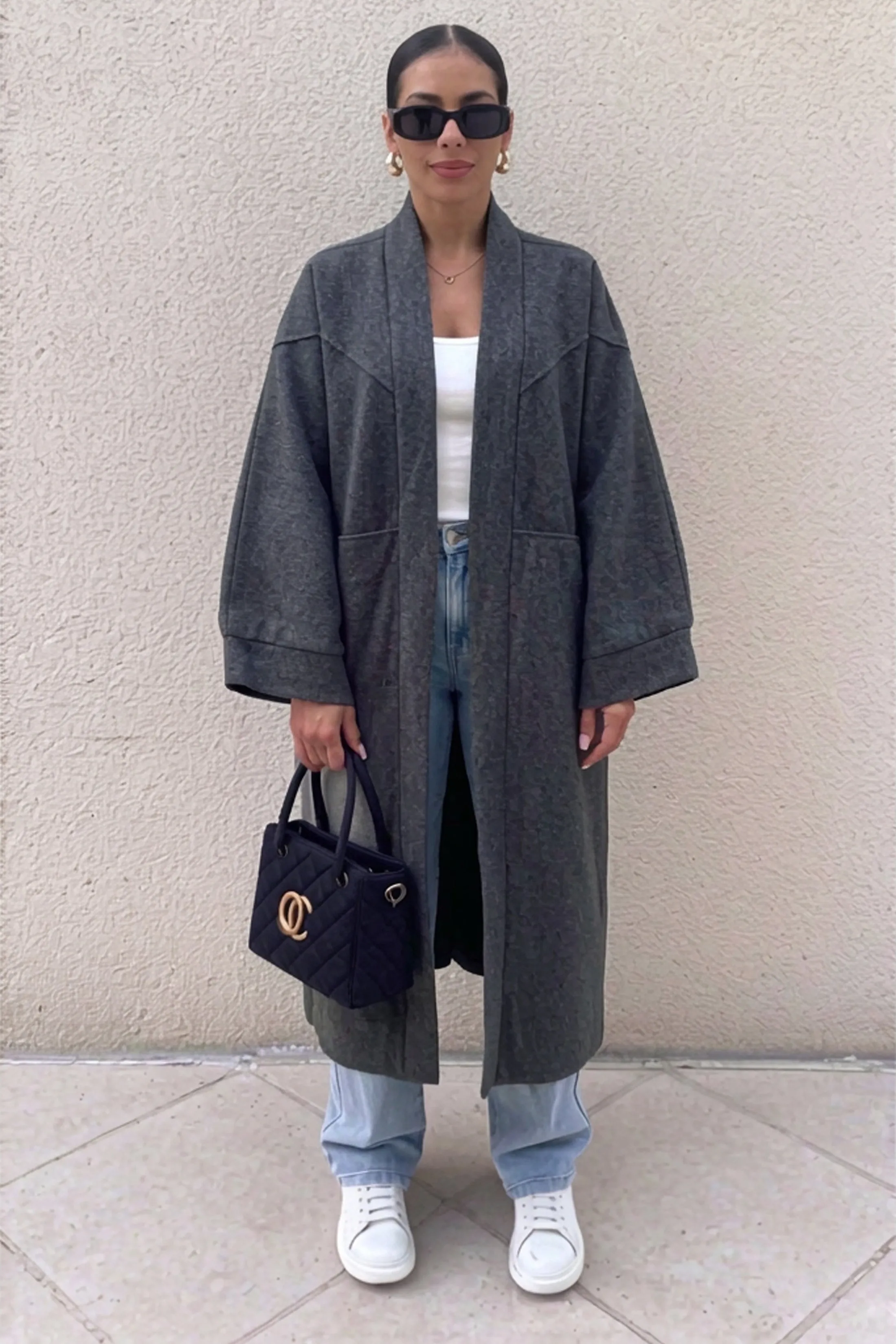Charcoal Oversized Longline Open Front Coat-Fyona sold by Femme Luxe