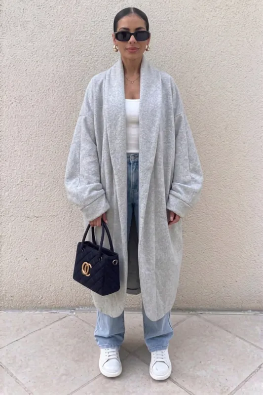 Grey Oversized Longline Open Front Coat-Fyona made by Femme Luxe