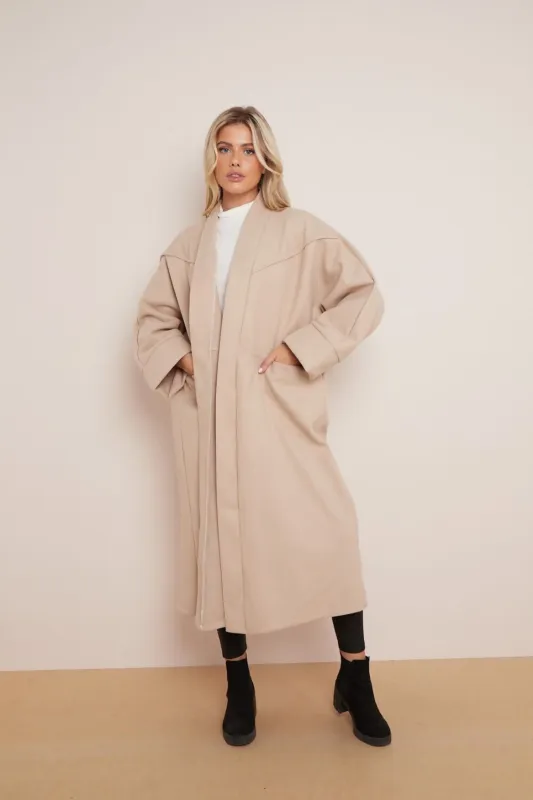 Beige Oversized Longline Open Front Coat-Fyona made by Femme Luxe