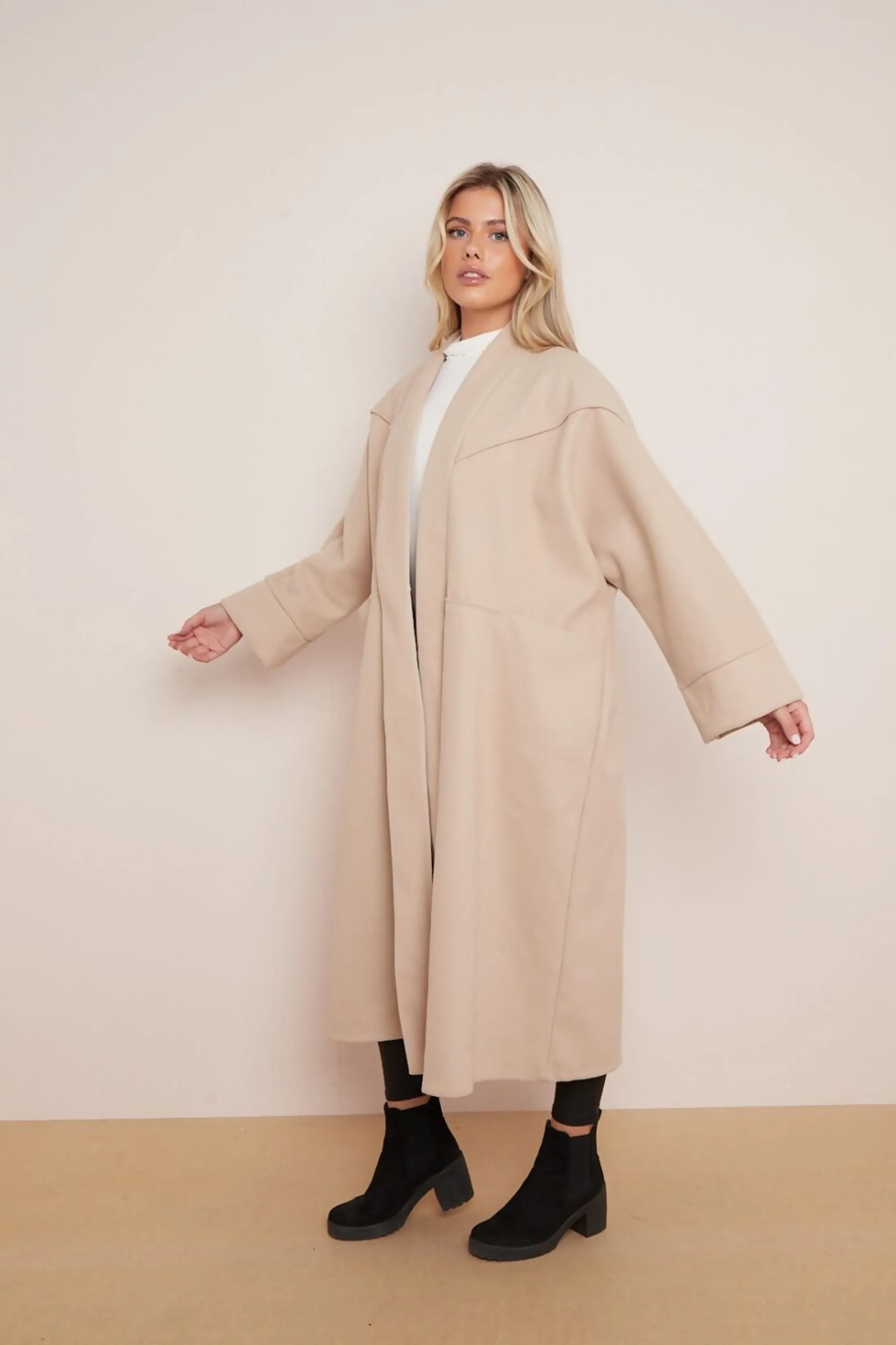 Beige Oversized Longline Open Front Coat-Fyona sold by Femme Luxe product image thumbnail 3