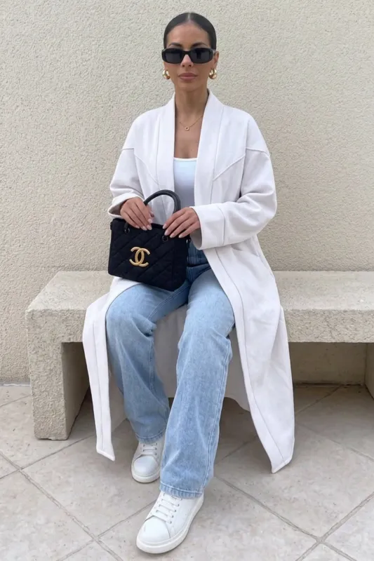 White Oversized Longline Open Front Coat-Fyona made by Femme Luxe