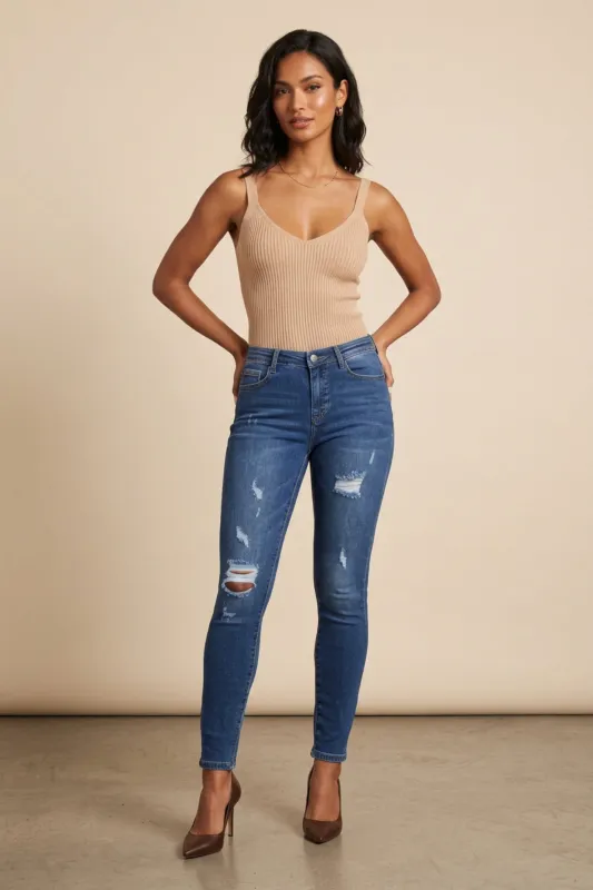 Mid Blue Distressed High Waisted Skinny Jeans- Lorvella made by Femme Luxe