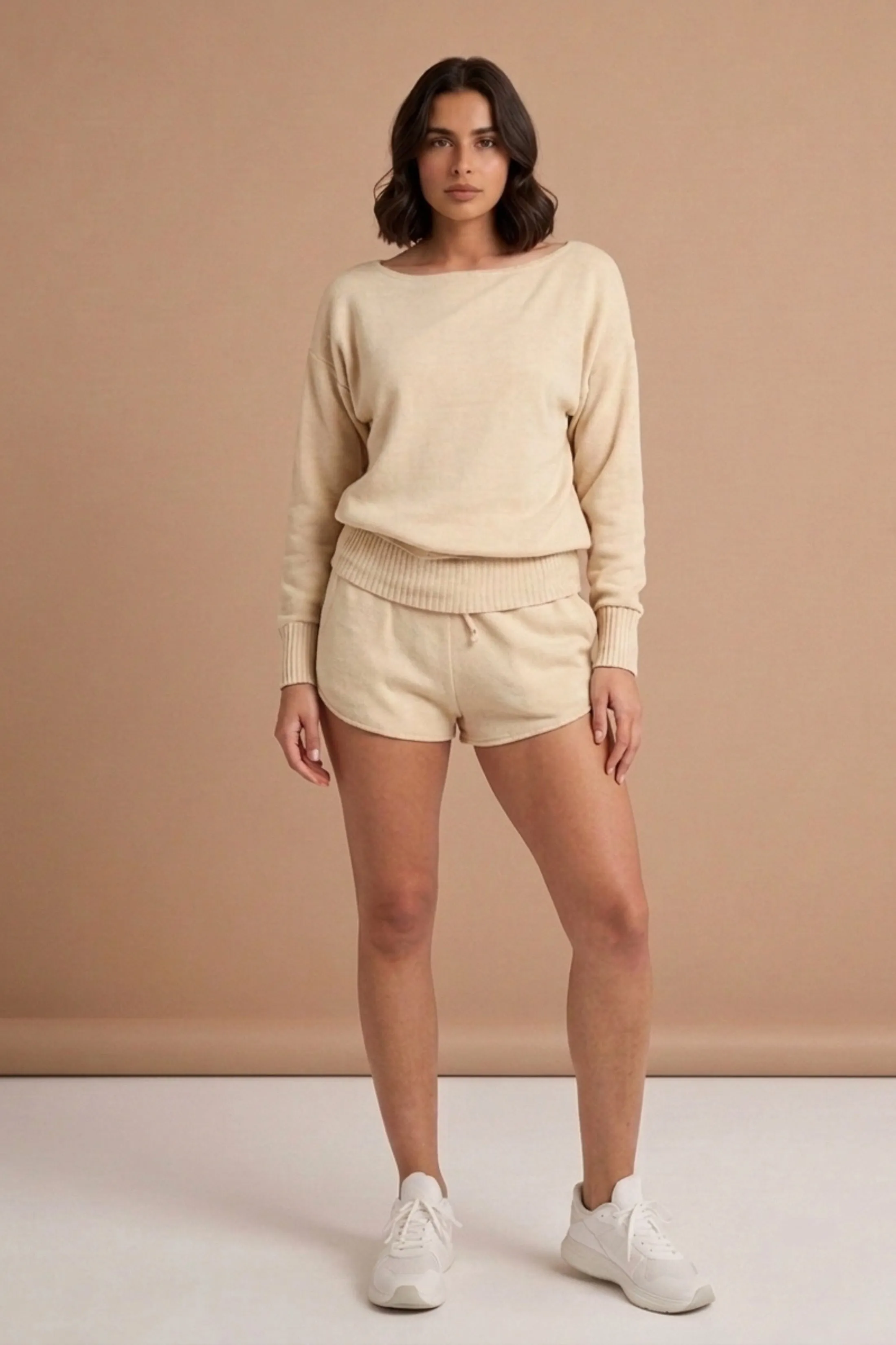 Beige Knit Jumper and Shorts Set - Rina sold by Femme Luxe