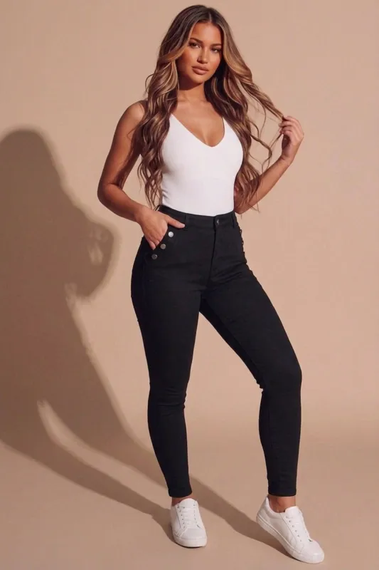 Black High Waisted Button Detail Skinny Jeans- Zenkina made by Femme Luxe