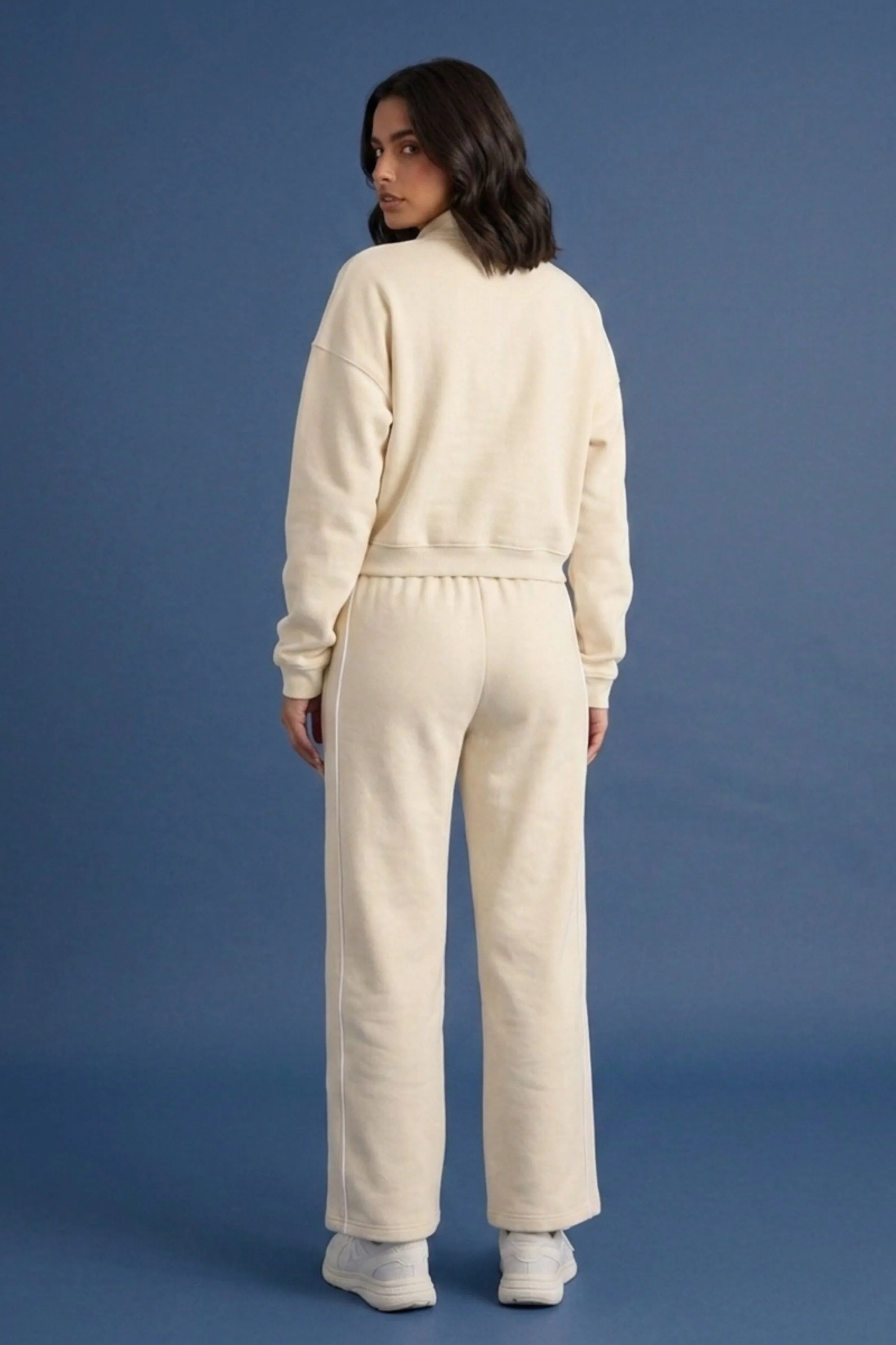 Beige Contrast Striped Stand Collar Sweatshirt With Wide Leg Trouser - Elara sold by Femme Luxe product image thumbnail 4