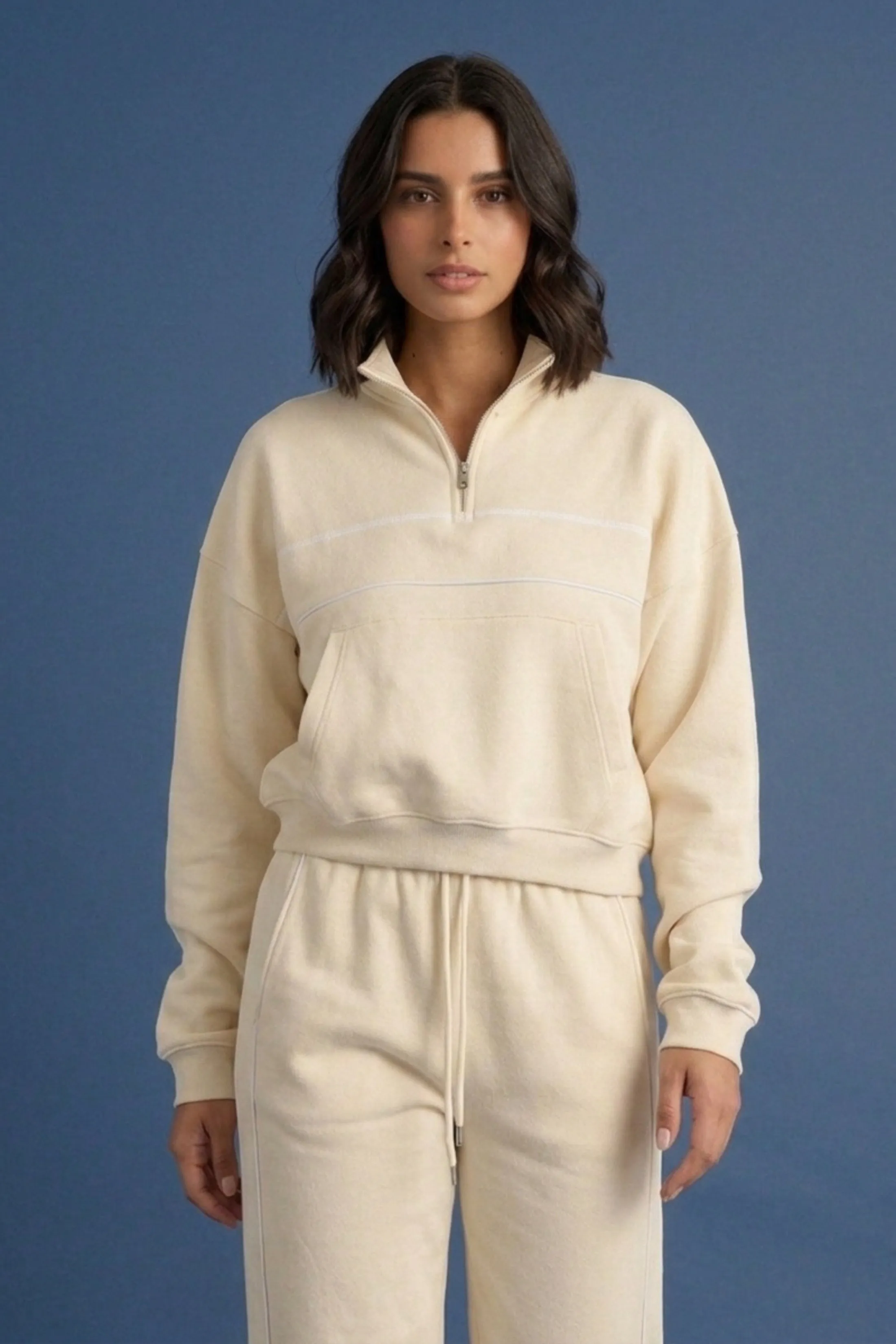 Beige Contrast Striped Stand Collar Sweatshirt With Wide Leg Trouser - Elara sold by Femme Luxe product image thumbnail 3