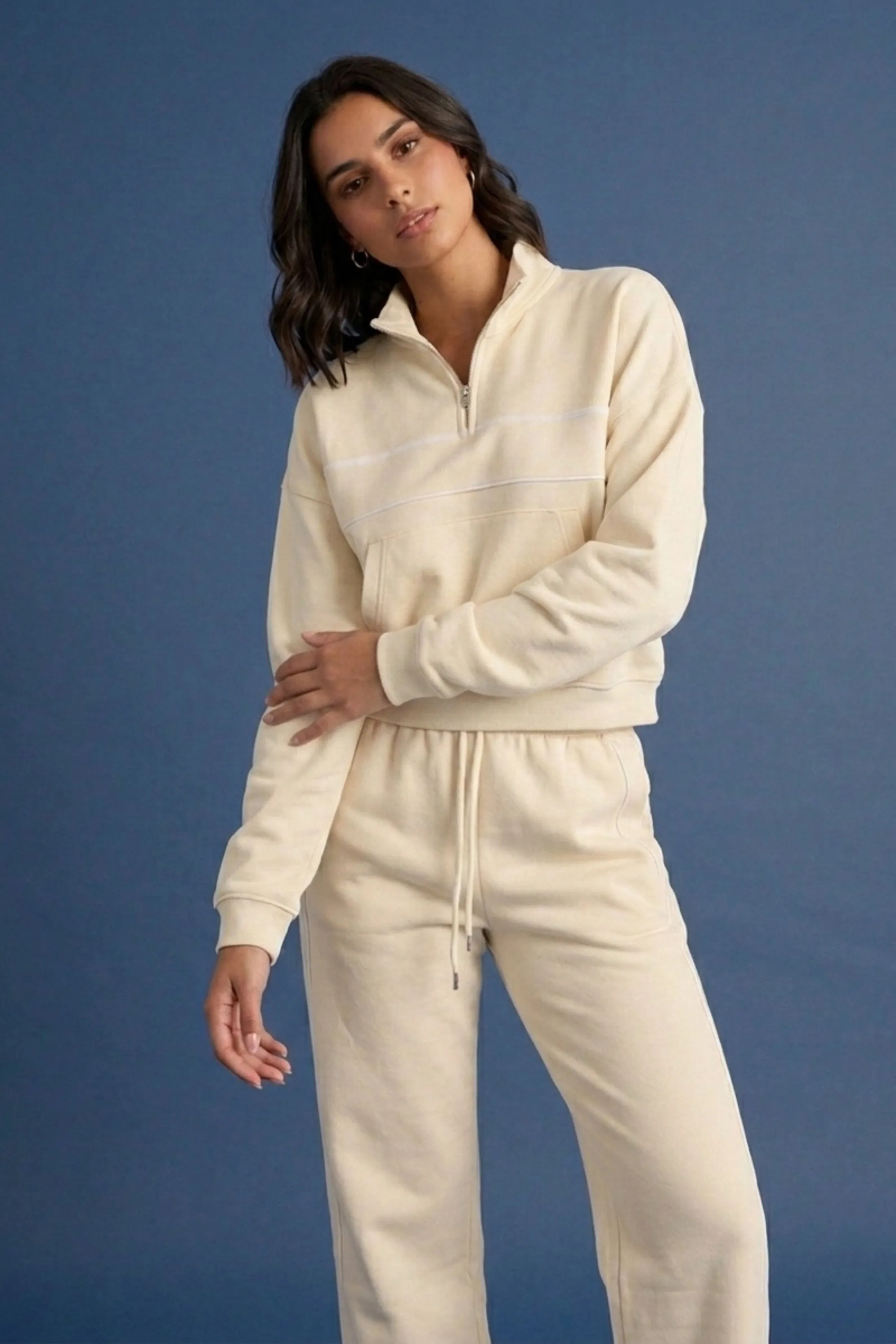 Beige Contrast Striped Stand Collar Sweatshirt With Wide Leg Trouser - Elara sold by Femme Luxe product image thumbnail 2