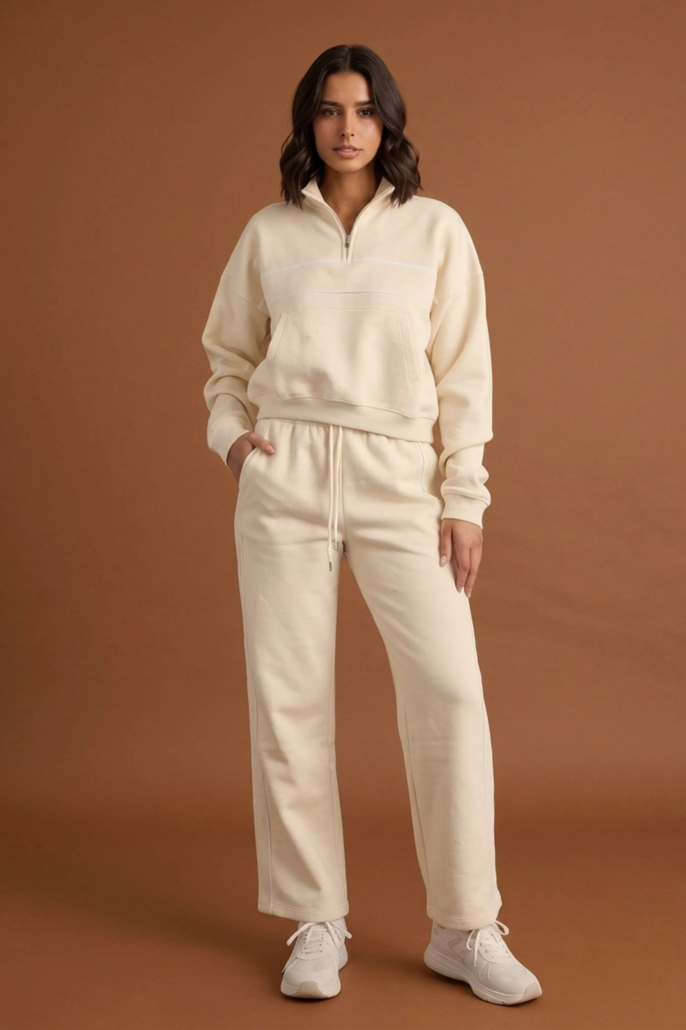 Beige Contrast Striped Stand Collar Sweatshirt With Wide Leg Trouser - Elara sold by Femme Luxe product image thumbnail 5