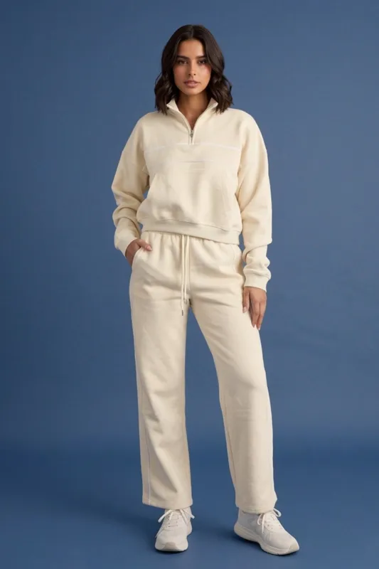 Beige Contrast Striped Stand Collar Sweatshirt With Wide Leg Trouser - Elara made by Femme Luxe