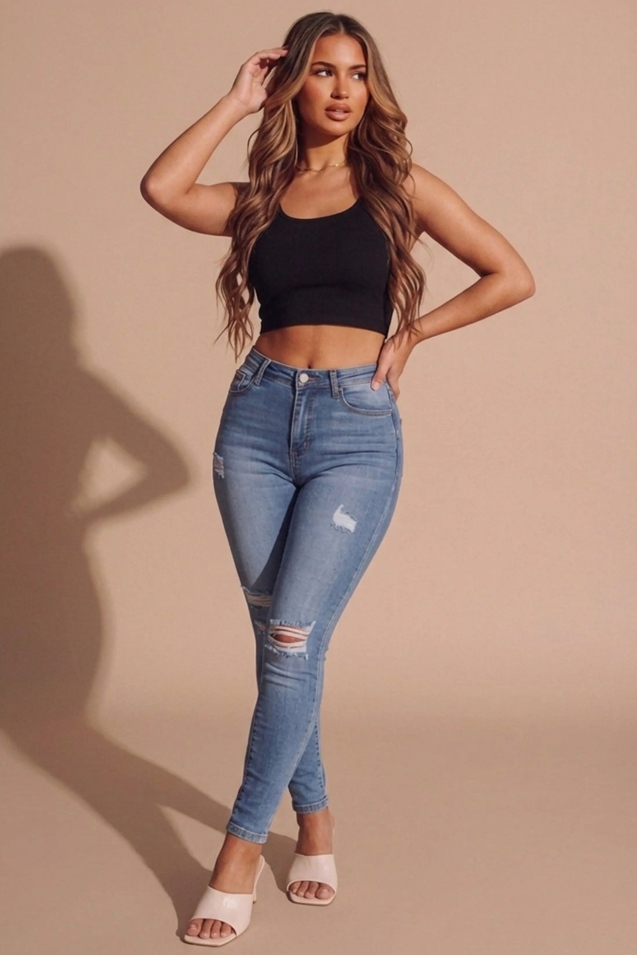 Light Blue Wash Distressed High Waisted Skinny Jeans- Veltina sold by Femme Luxe product image thumbnail 2