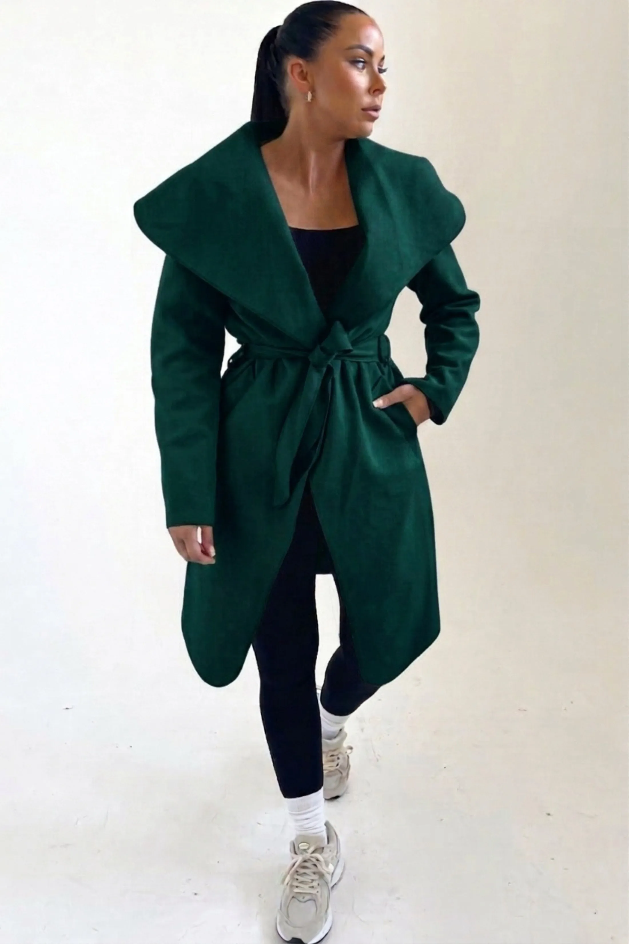 Emerald Waterfall Duster Belted Long Coat- Pola sold by Femme Luxe