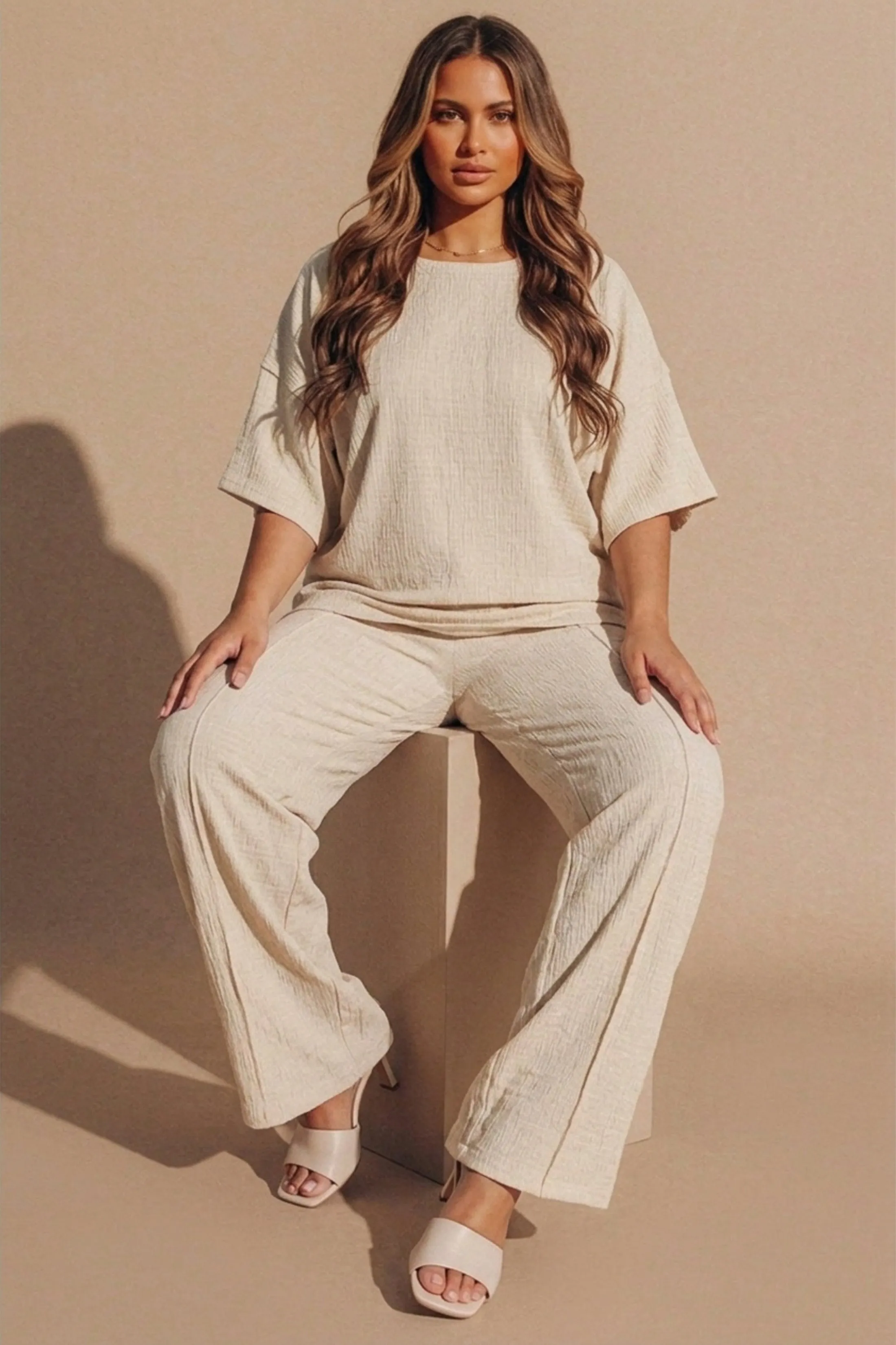 Beige Relaxed Fit Ribbed Top And Trouser Set- Cnyon sold by Femme Luxe product image thumbnail 2