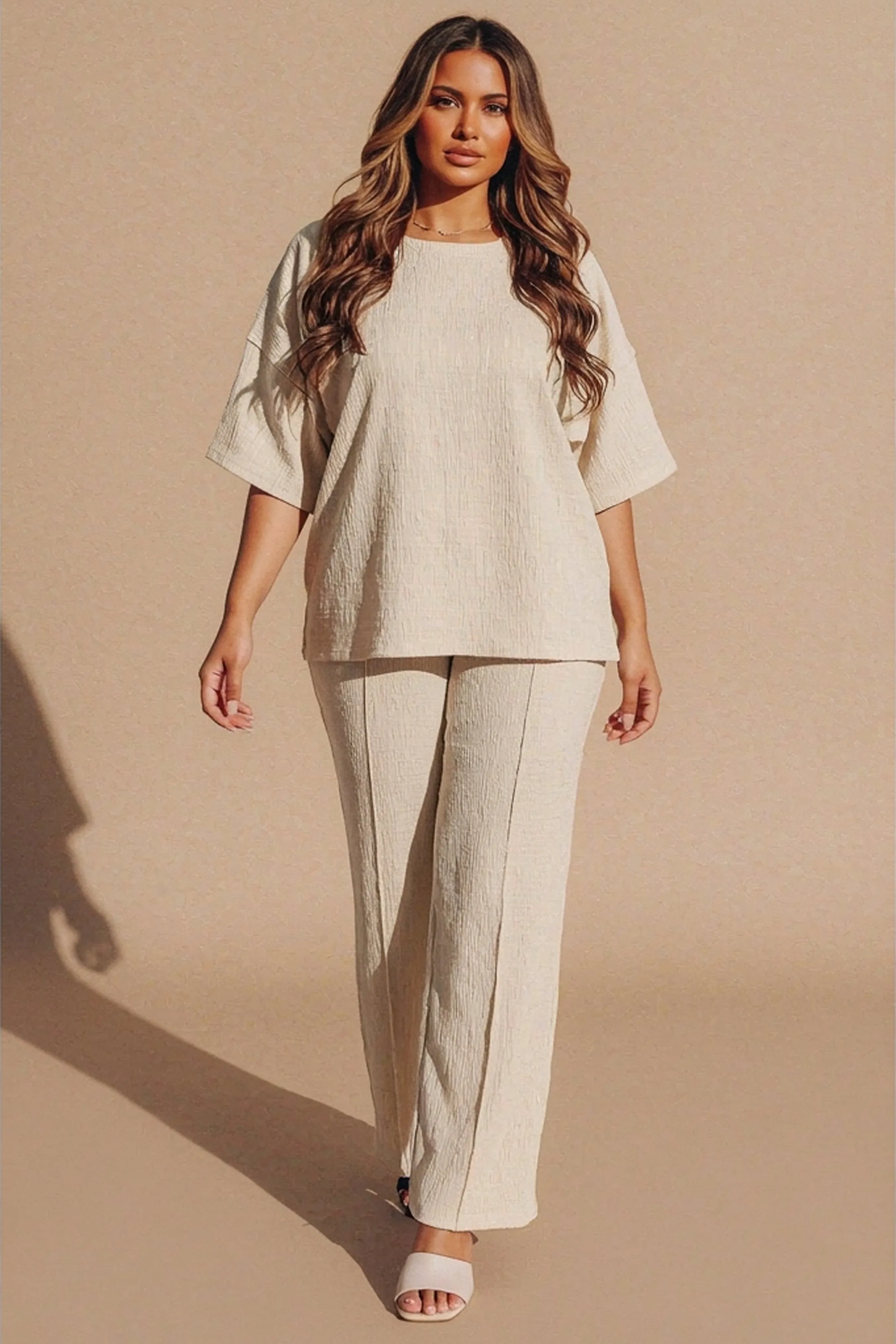 Beige Relaxed Fit Ribbed Top And Trouser Set- Cnyon sold by Femme Luxe product image thumbnail 4