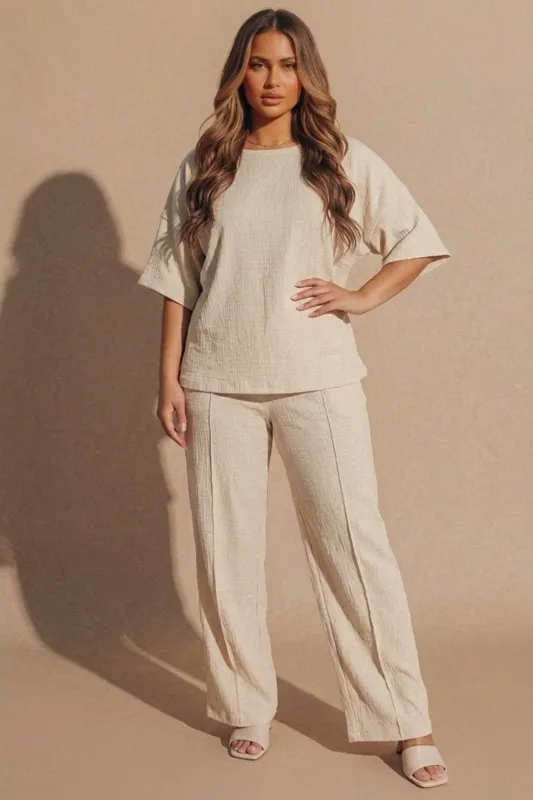 Beige Relaxed Fit Ribbed Top And Trouser Set- Cnyon made by Femme Luxe