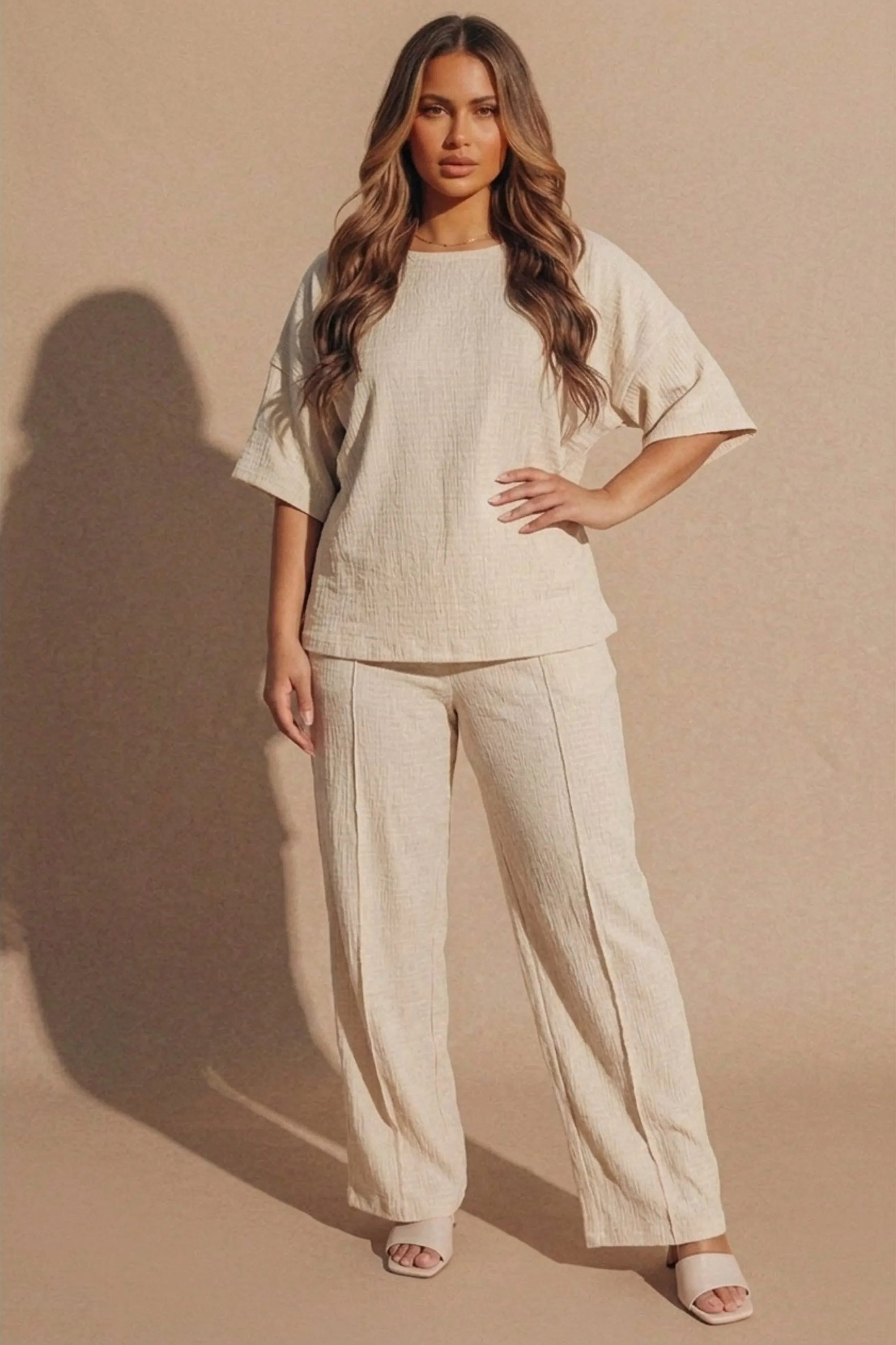 Beige Relaxed Fit Ribbed Top And Trouser Set- Cnyon sold by Femme Luxe