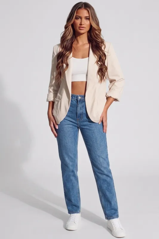 Beige Tailored Open Front Blazer- Roman made by Femme Luxe