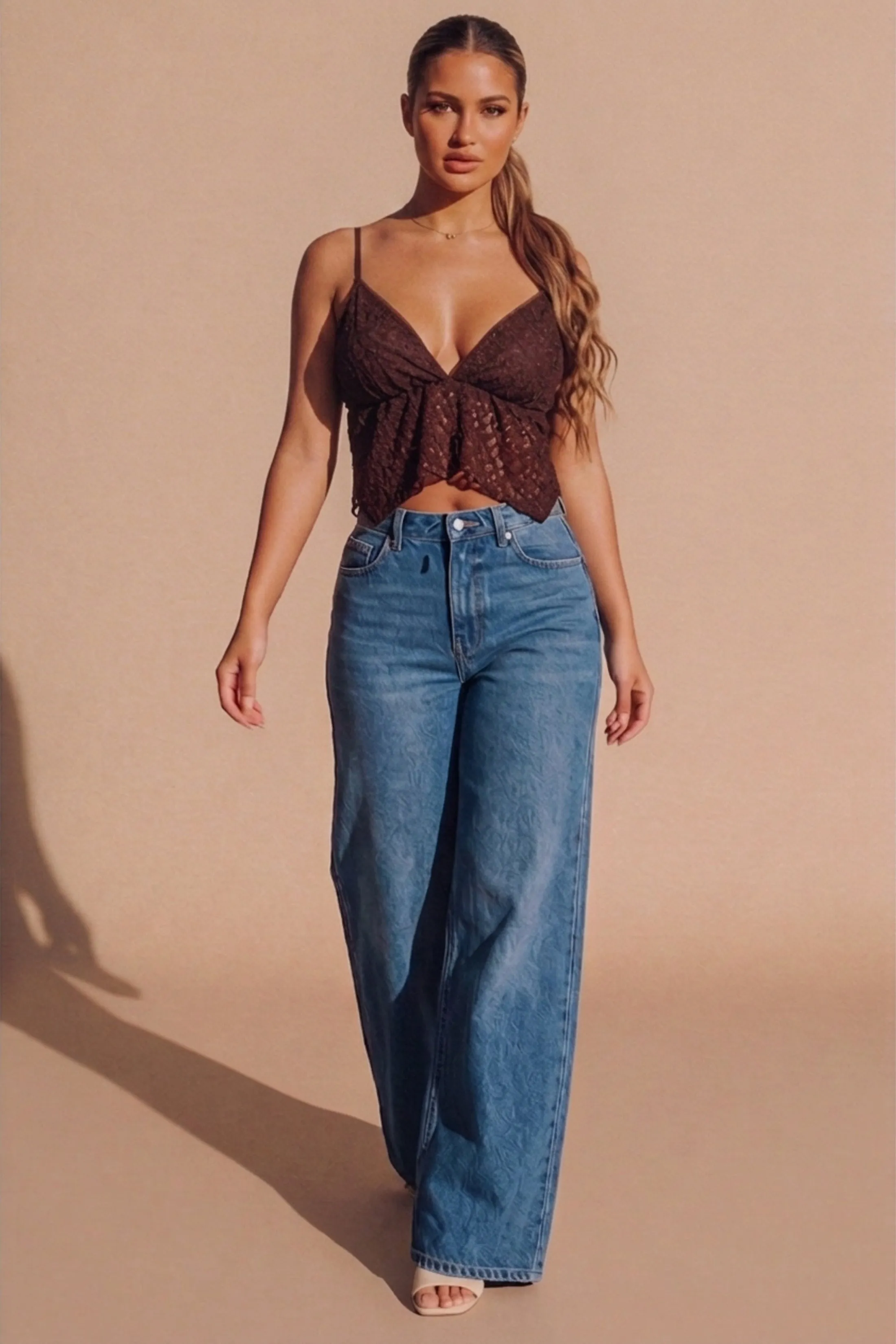 Brown Lace Handkerchief Hem Cami Top - Fynao sold by Femme Luxe