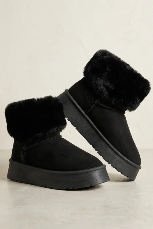 Black Faux Suede Faux Fur Cuff Chunky Platform Ankle Boots - Silo made by Femme Luxe