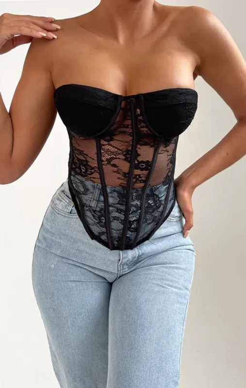 Black Strapless Lace Corset Style Top - Rey sold by Femme Luxe