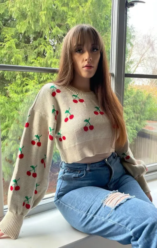Beige Cherry Print Cropped Jumper - Diana sold by Femme Luxe