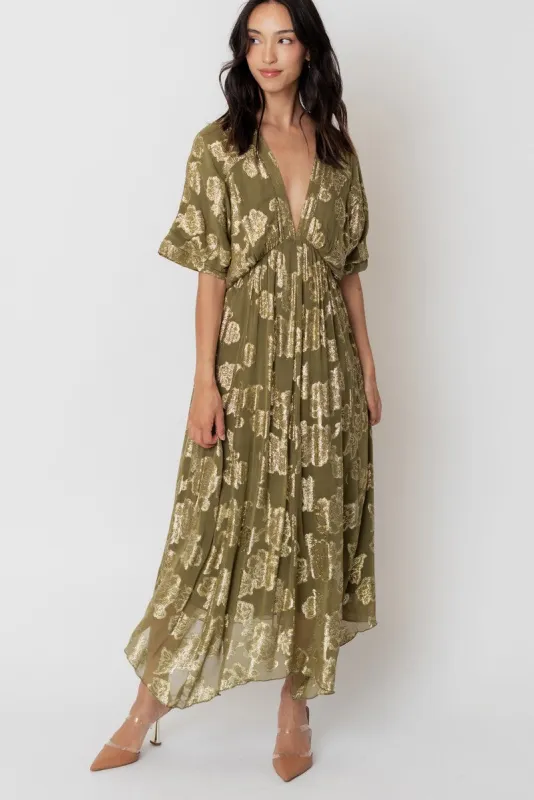 Palma Metallic Print Maxi, Olive sold by Madison Boutique