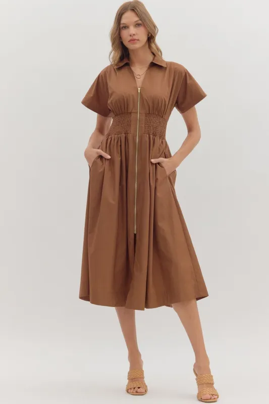 Amber Zip Front Midi Dress, Coffee sold by Madison Boutique