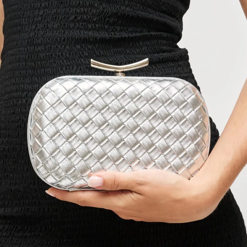 Allison Woven Clutch, Silver sold by Madison Boutique