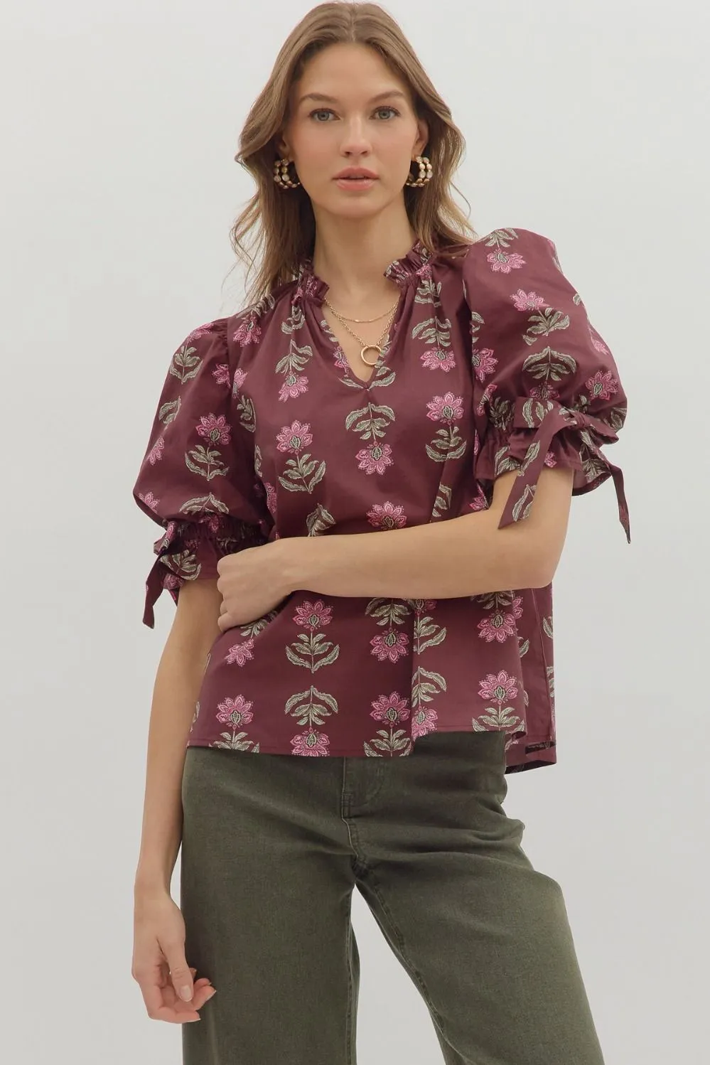 Cheryl Floral Blouse, Burgundy sold by Madison Boutique