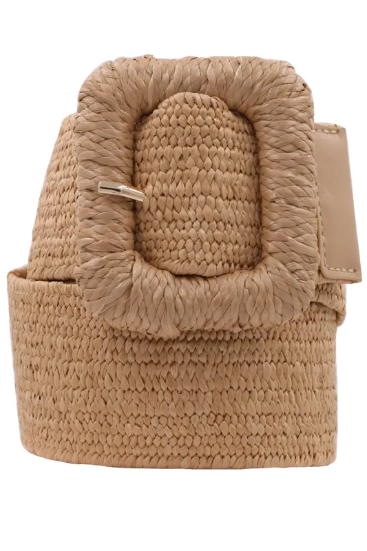 Rectangular Buckle Elastic Straw Belt, Tan sold by Madison Boutique