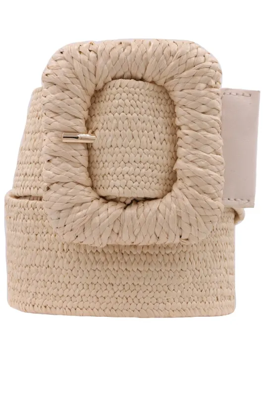Rectangular Buckle Elastic Straw Belt, Natural sold by Madison Boutique