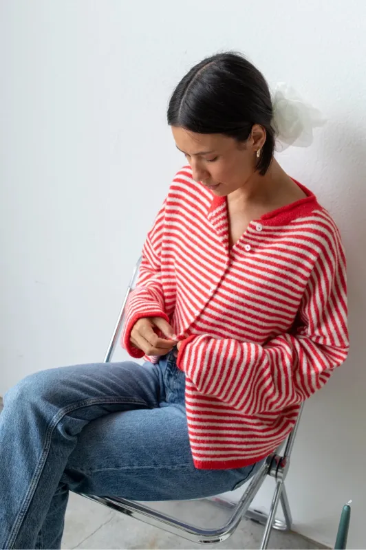 Harbour Striped Cardigan, Red made by Things Between