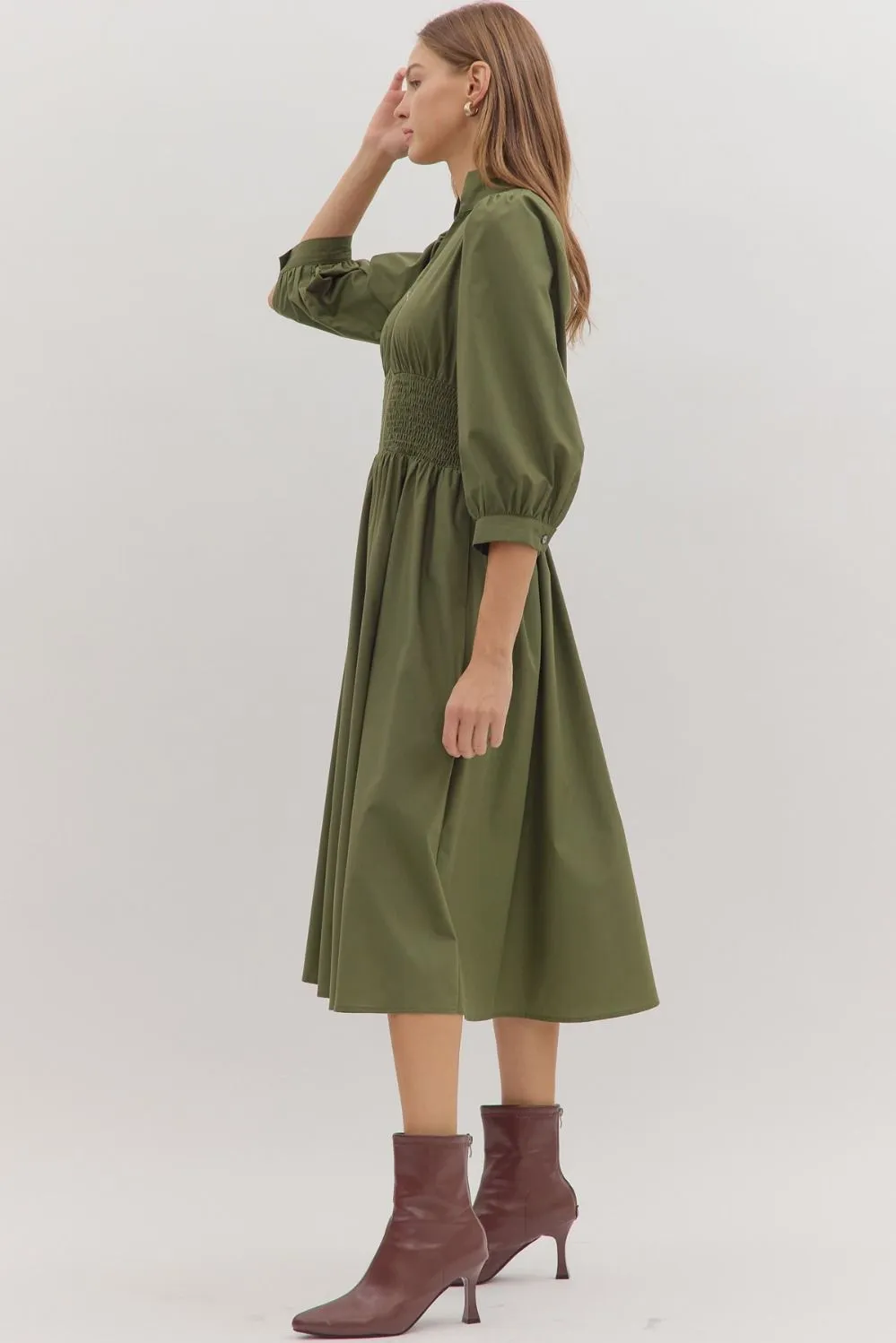 Priya Zip Front Midi Dress, Olive sold by Madison Boutique product image thumbnail 4