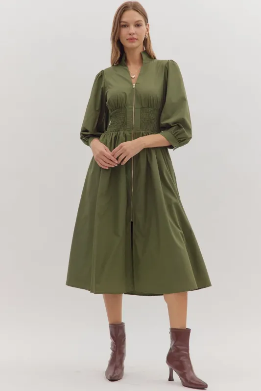 Priya Zip Front Midi Dress, Olive made by entro