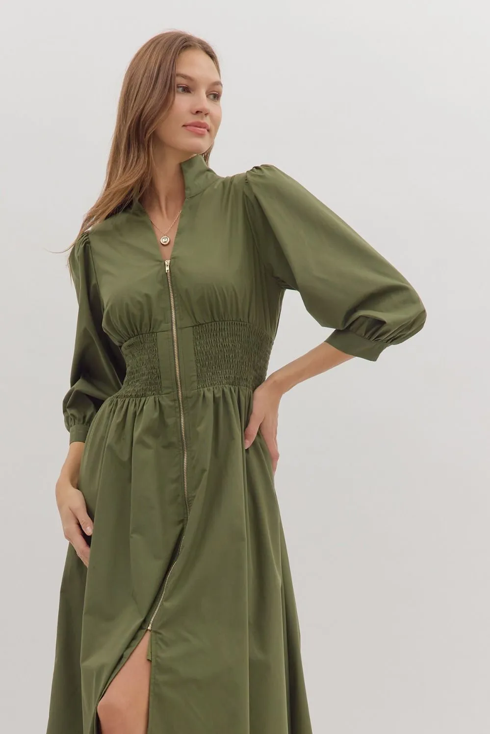 Priya Zip Front Midi Dress, Olive sold by Madison Boutique product image thumbnail 2
