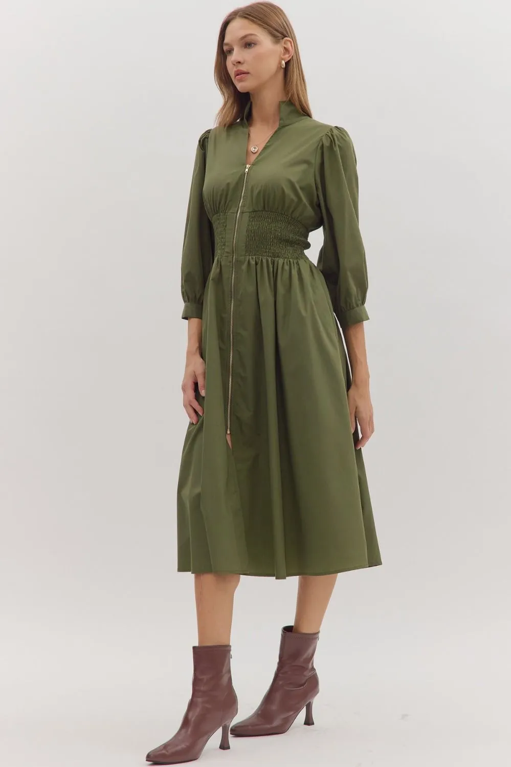 Priya Zip Front Midi Dress, Olive sold by Madison Boutique product image thumbnail 3