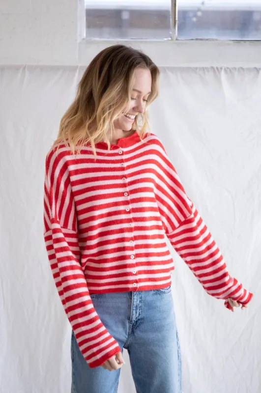 Allen Striped Cardigan, Red/Pink made by Things Between
